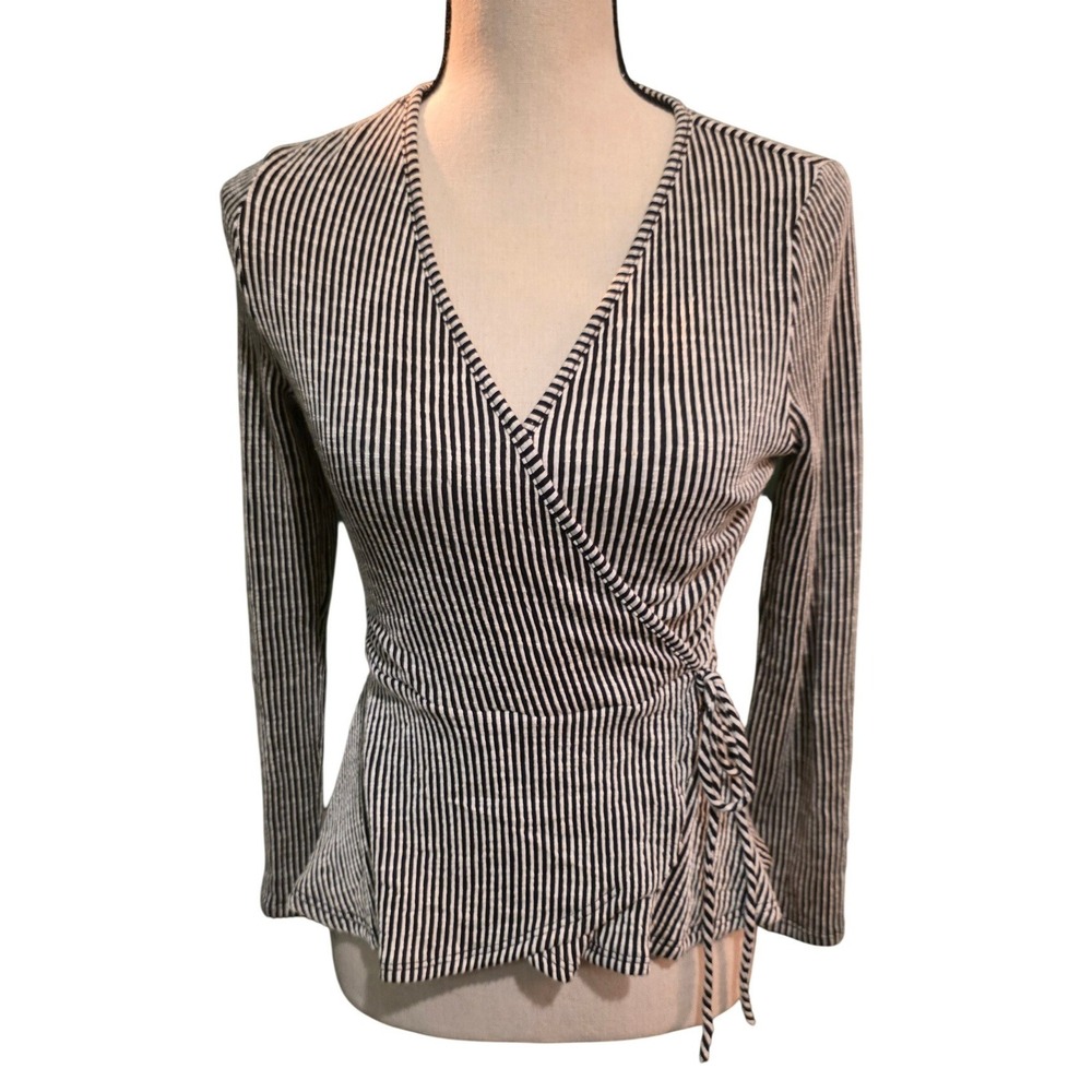 Caution to the Wind Black White Striped Wrap Peplum Long Sleeve Top Small